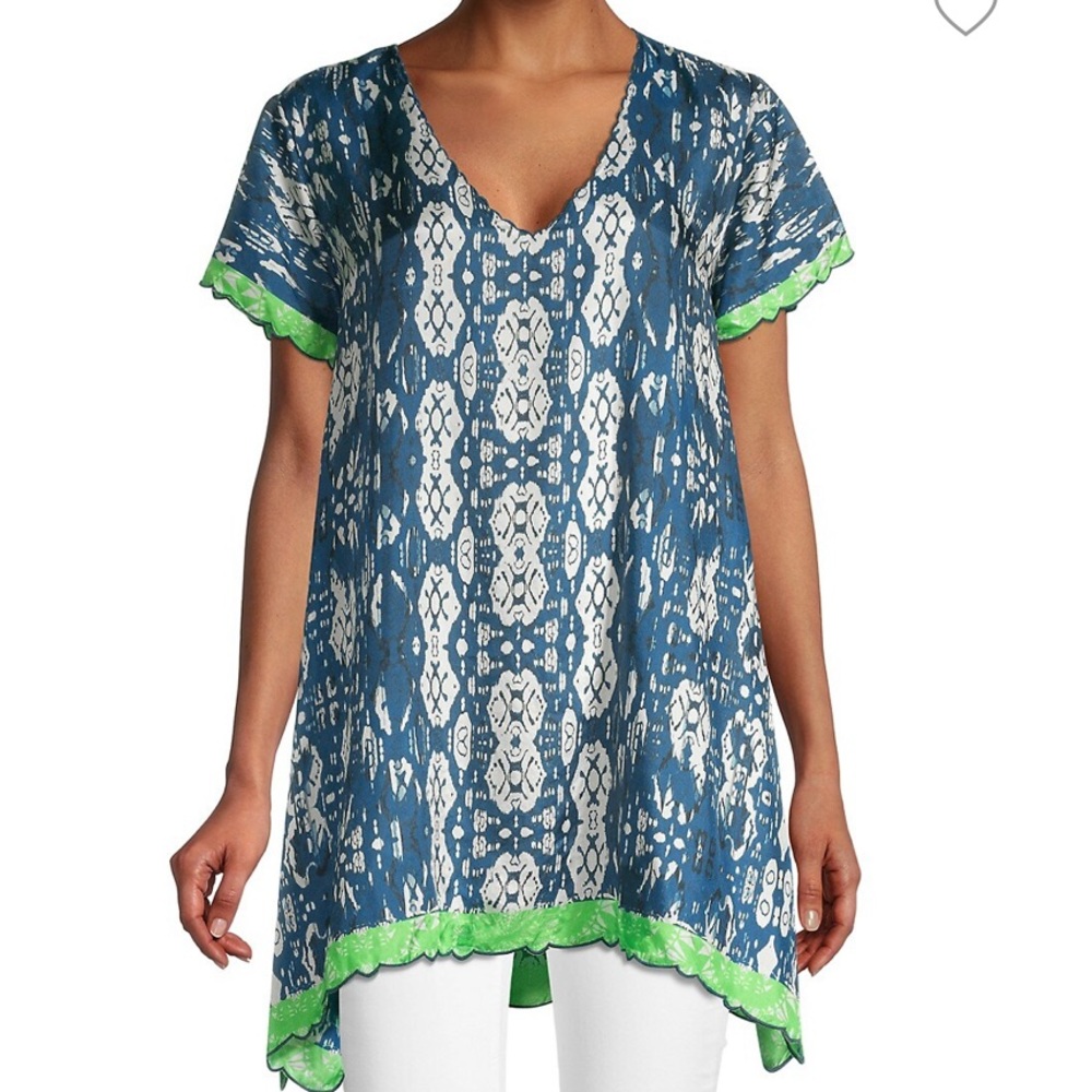 Johnny Was “Puente” Silk Printed Tunic with Contrast Trim